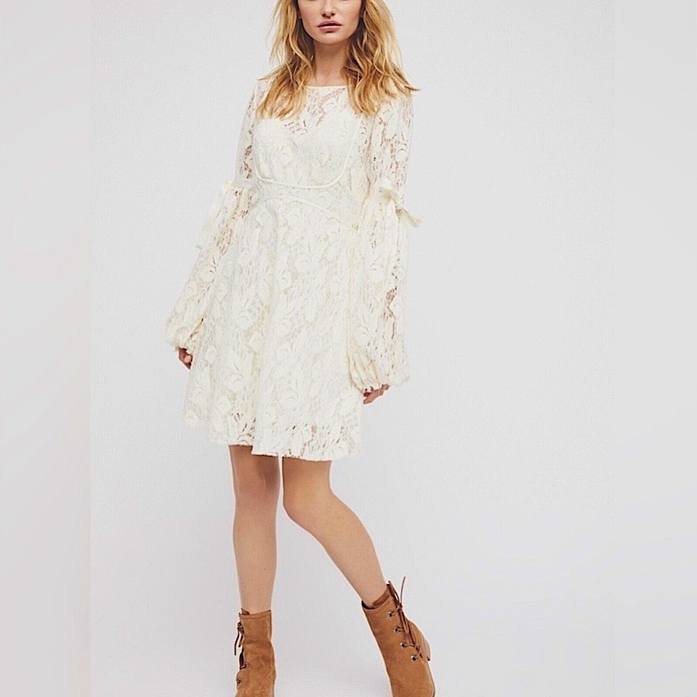 Free People Ruby Mini Lace Oversized Sheath Cottagecore Dress in Ivory, Large